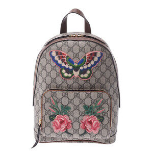 GUCCI GG Supreme Backpack Butterfly Flower Greige Brown Gray Leather